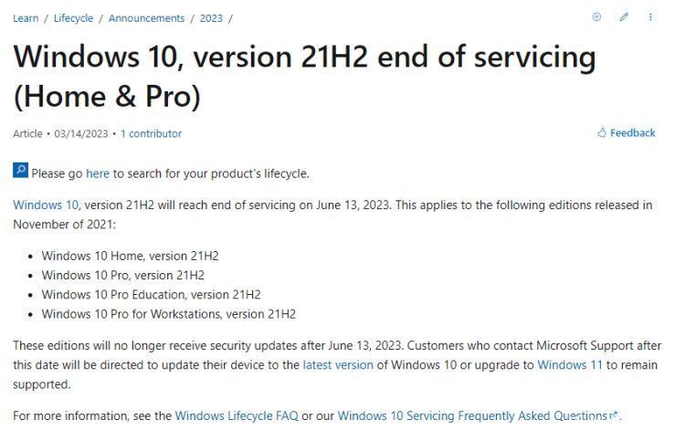 微软宣布终止win10 21h2版本服务，不再接收安全更新